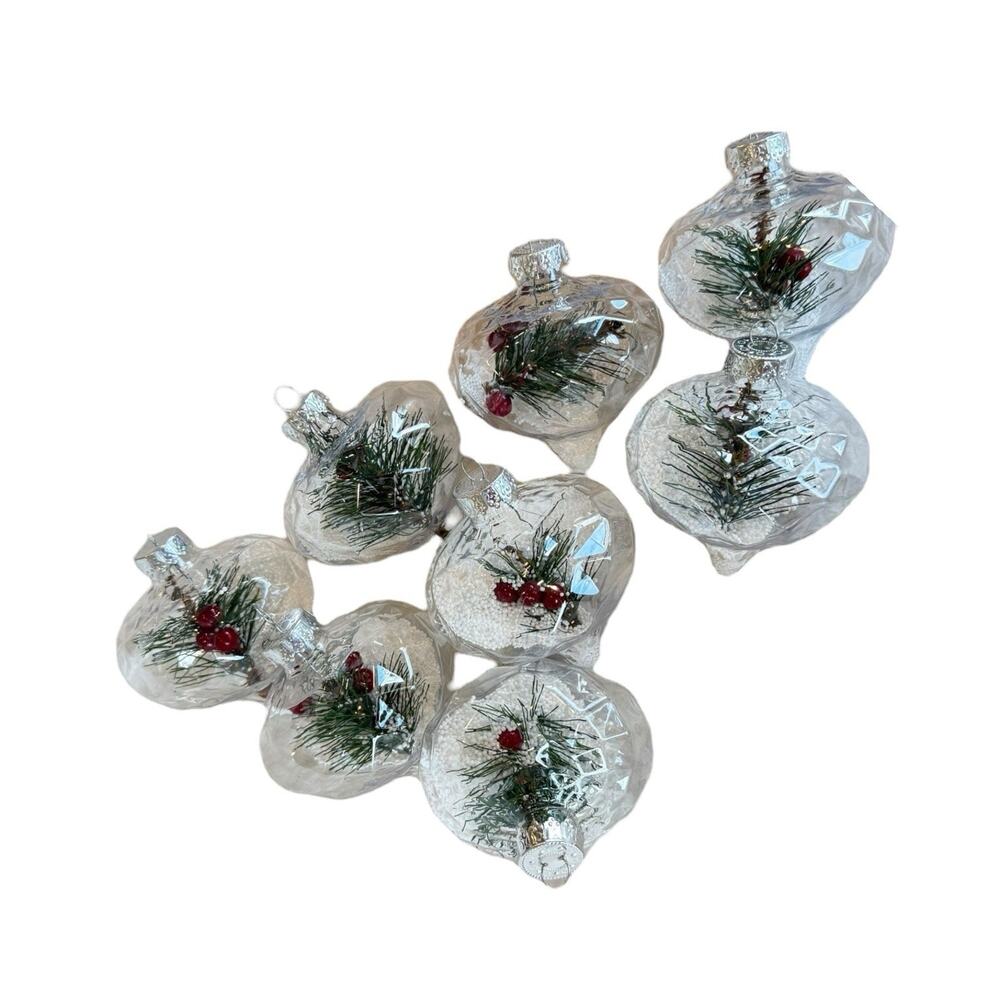 8 - 3.5" Plastic Clear Tear Christmas Tree ornaments Berries Pine Snow Decor EUC